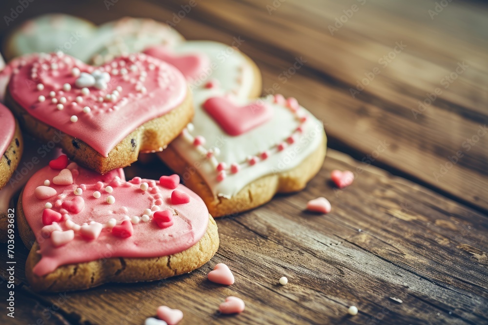 Heart shape sugar cookies for Valentine's Day on a wood background. Heart shape sugar cookies for Valentine's Day on a wood background.