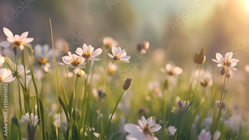 Spring meadow with blooming white flowers and fresh green grass. Nature and tranquility