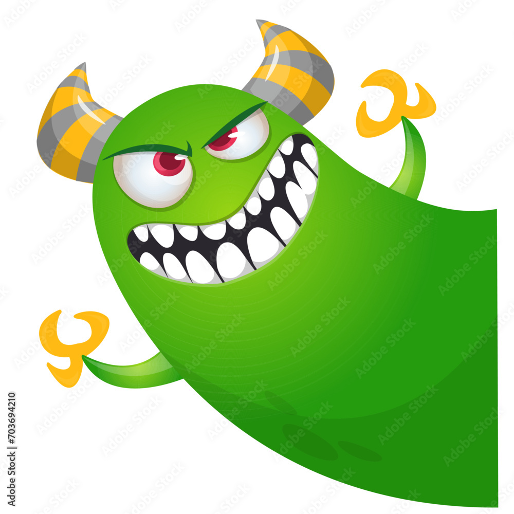 Fototapeta premium Cartoon scary monster with funny face expression waving hands . Vector illustration isolated on white. Halloween design