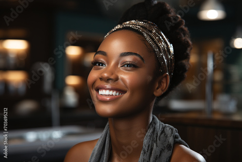 Young beautiful African-American woman getting a facial at the spa