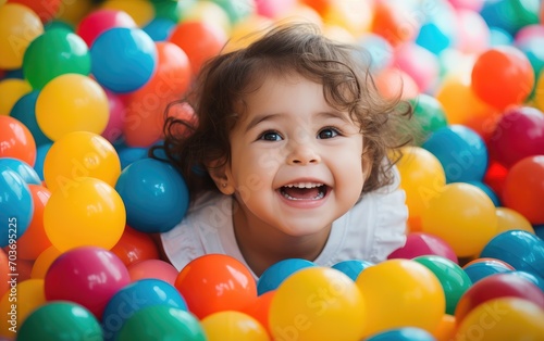 Joyful child plays surrounded to colored balls
