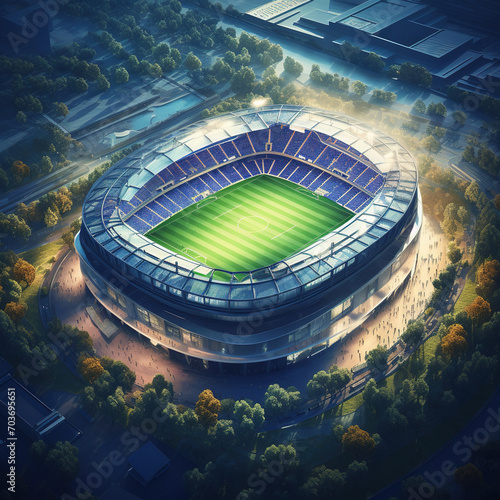 Football Stadium Aerial View AI Prompt: Capture the exhilarating atmosphere of a football stadium from an aerial perspective. © Graphic Master