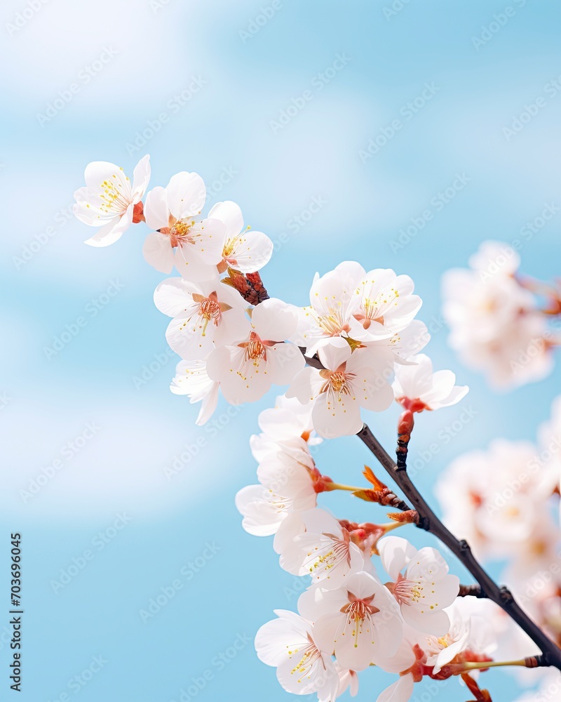 Beautiful spring flowers abstract nature background. Macro branches of blooming apricots in soft focus on a soft light blue sky background. with copy space - generative ai Beautiful spring flowers abstract nature background. Macro branches of blooming apricots in soft focus on a soft light blue sky background. with copy space - generative ai
