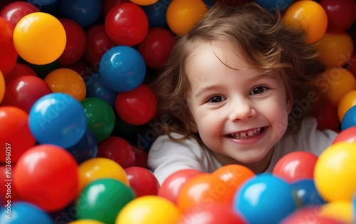 Joyful child plays surrounded to colored balls