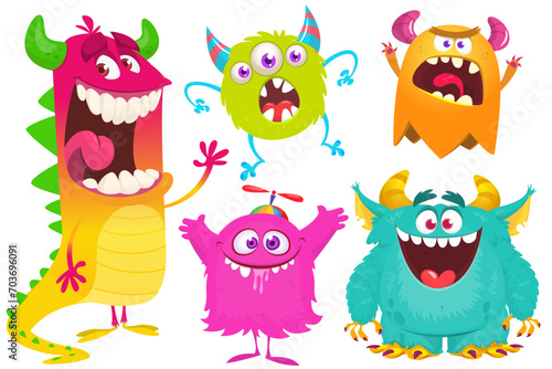 Cute cartoon Monsters. Set of cartoon monsters: goblin or troll, cyclops, ghost,  monsters and aliens. Halloween design. Vector illustration isolated (ID: 703696091)