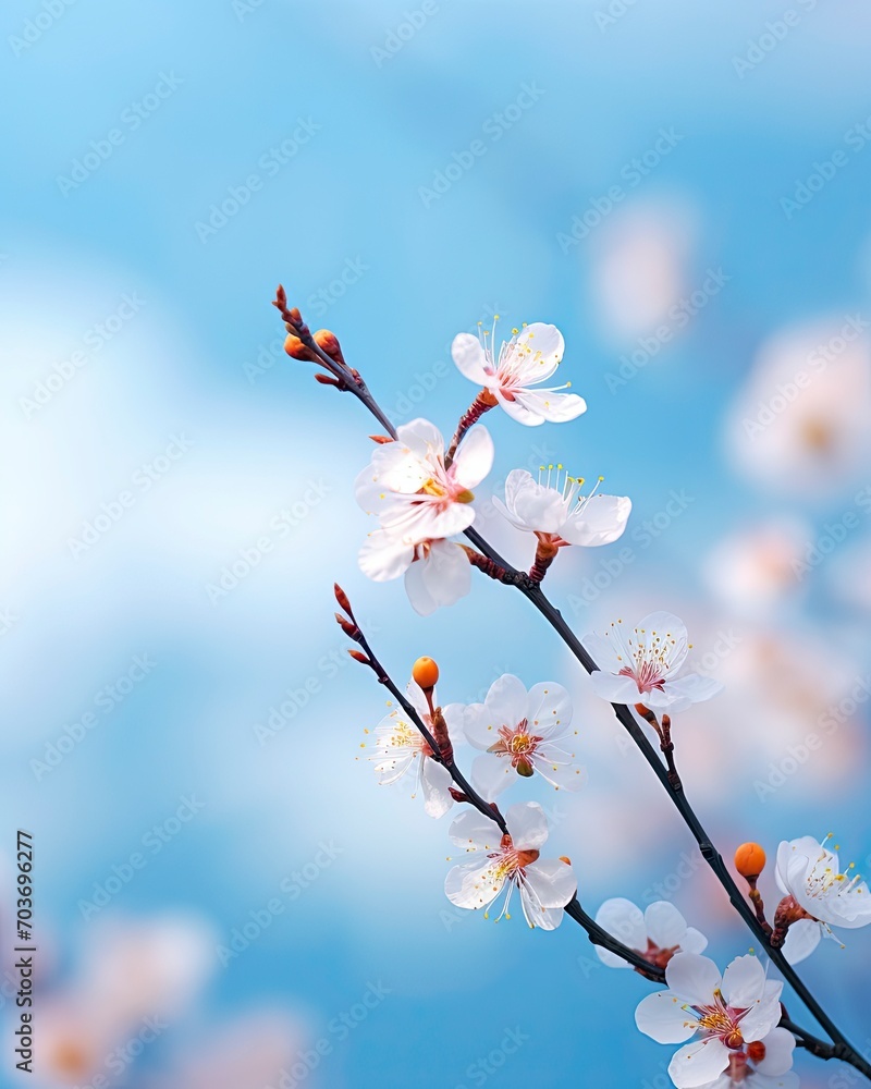 Beautiful spring flowers abstract nature background. Macro branches of blooming apricots in soft focus on a soft light blue sky background. with copy space - generative ai Beautiful spring flowers abstract nature background. Macro branches of blooming apricots in soft focus on a soft light blue sky background. with copy space - generative ai