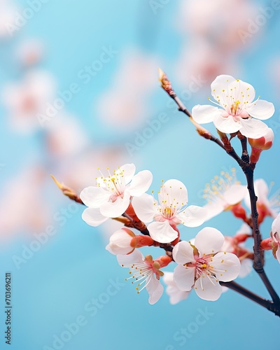 Beautiful spring flowers abstract nature background. Macro branches of blooming apricots in soft focus on a soft light blue sky background. with copy space - generative ai
