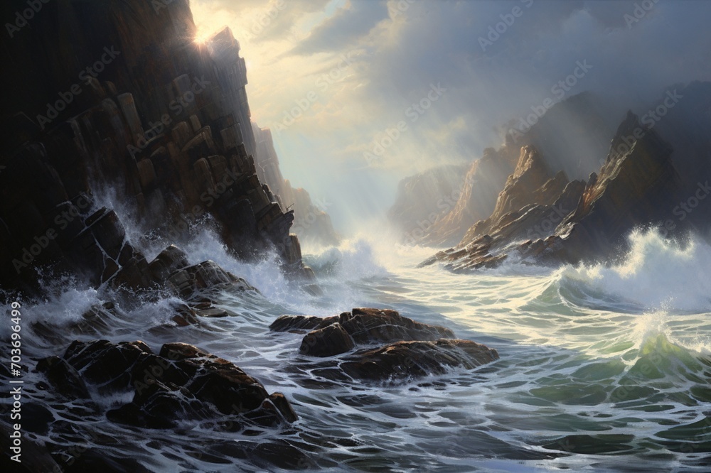 : The dynamic interplay of ocean waves and the rugged texture of cliffside rocks, seamlessly merging to create a dramatic seascape with a touch of fantasy.