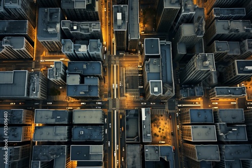 : An overhead shot of a labyrinthine network of city streets and alleys, forming a mesmerizing geometric pattern from above. The city grid is alive with the movement of cars and the stark contras photo