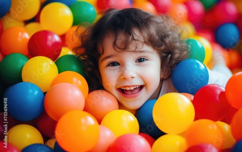 Joyful child plays surrounded to colored balls