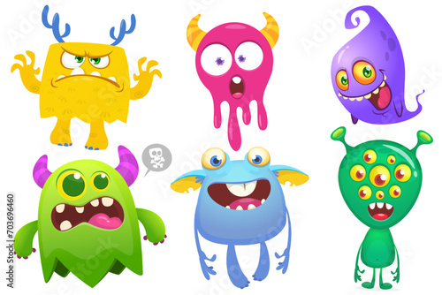 Cute cartoon Monsters. Set of cartoon monsters: goblin or troll, cyclops, ghost,  monsters and aliens. Halloween design. Vector illustration isolated (ID: 703696460)