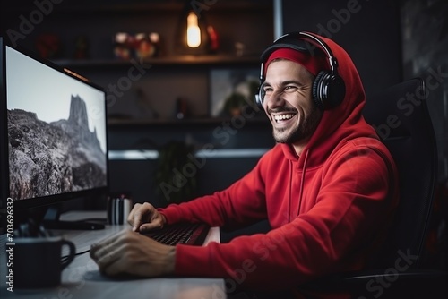 Young man in red hoodie and headphones playing video games at home