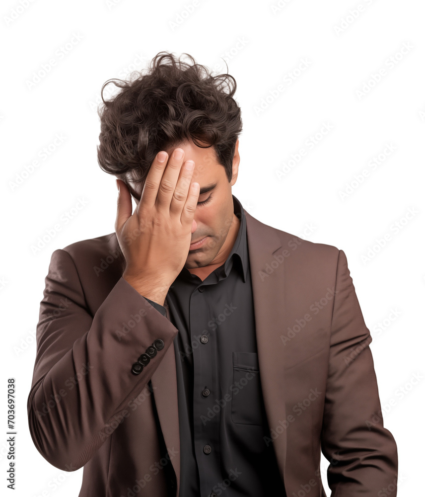 A man in a business suit. The man was very upset and disappointed and covered his face with his hand. Isolated on a transparent background. A man in a business suit. The man was very upset and disappointed and covered his face with his hand. Isolated on a transparent background.