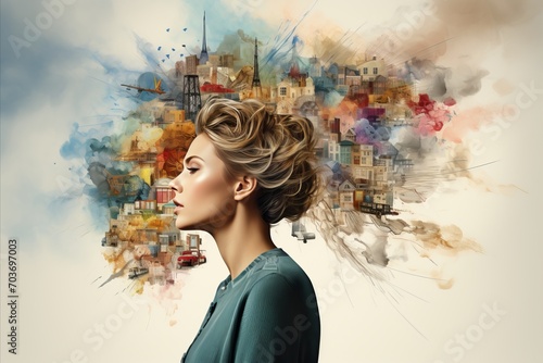 Anxiety and insomnia concept   head with overflowing thoughts and images causing sleep disruption.