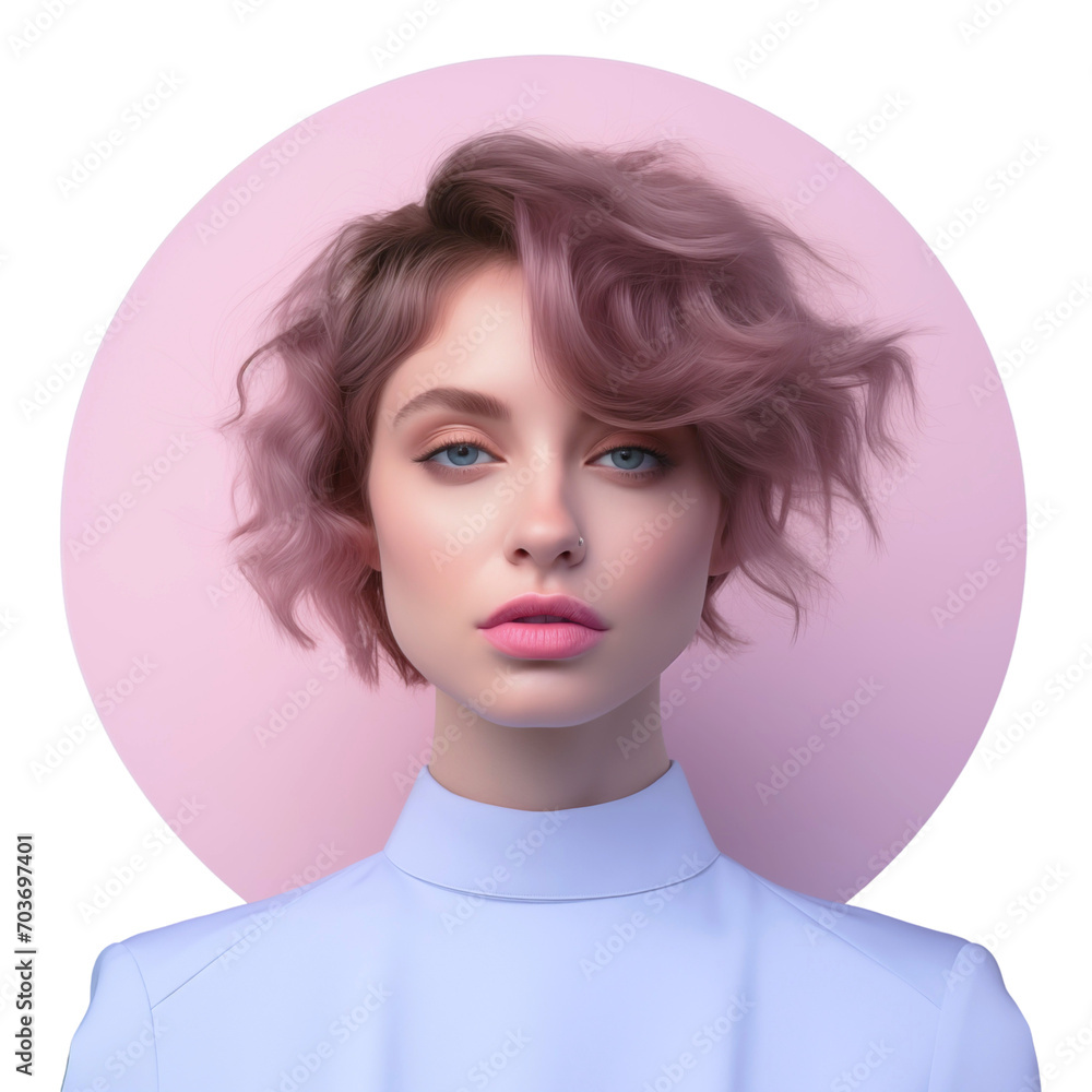 Full face of a young modern woman with lilac hair in a purple circle. Isolated on a transparent background. Full face of a young modern woman with lilac hair in a purple circle. Isolated on a transparent background.
