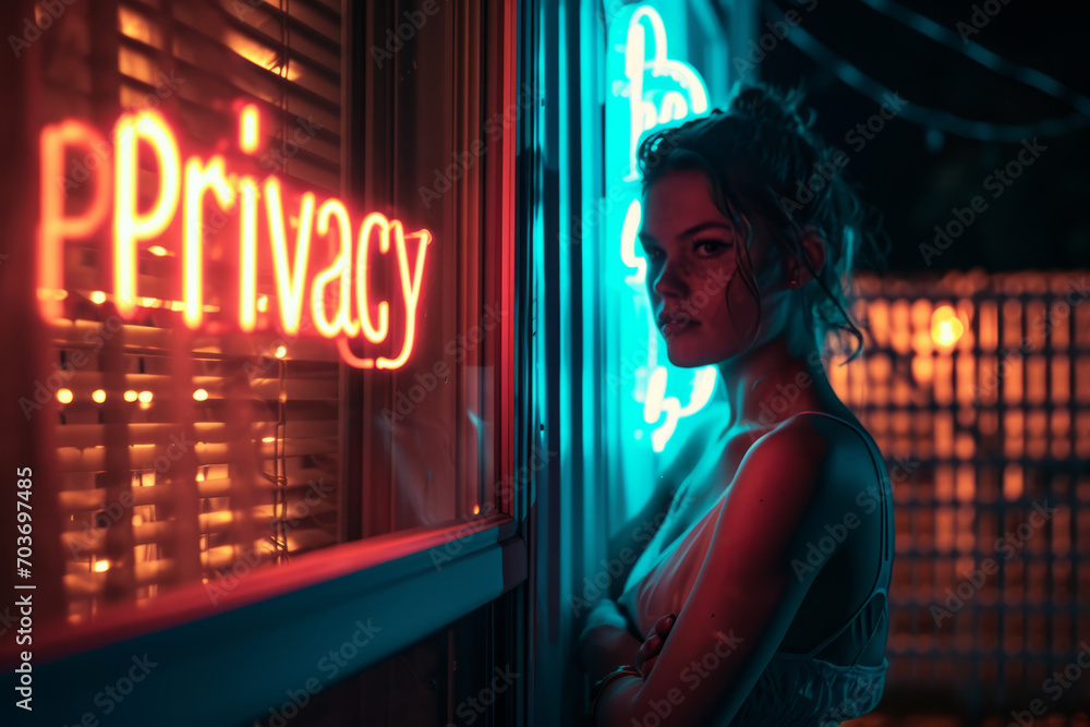Privacy concept image with woman next to a glowing privacy sign at night to represent online privacy Privacy concept image with woman next to a glowing privacy sign at night to represent online privacy