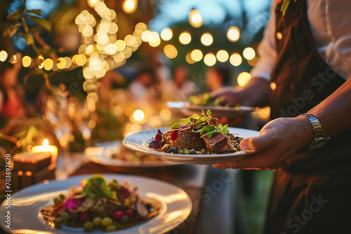 Waiter carrying plates with meat dish on some festive event, party or wedding reception restaurant
