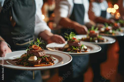 Waiter carrying plates with meat dish on some festive event, party or wedding reception restaurant