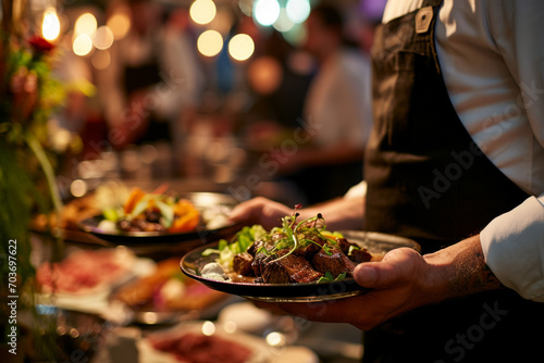 Waiter carrying plates with meat dish on some festive event  party or wedding reception restaurant