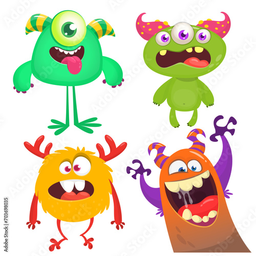 Cute cartoon Monsters. Set of cartoon monsters: goblin or troll, cyclops, ghost,  monsters and aliens. Halloween design. Vector illustration isolated (ID: 703698035)