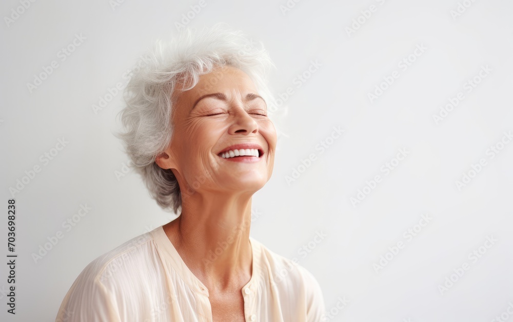 Smiling elderly woman with closing eyes makes yoga