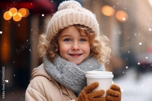 holidays, winter, christmas and people concept - smiling little girl in hat, scarf and mittens with cup of coffee over snowy street background