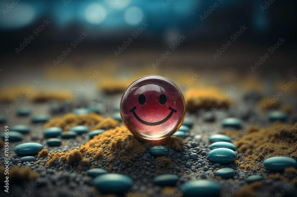 One small transparent smiley face, among colored stones, hyper-realistic style. Generative Ai.