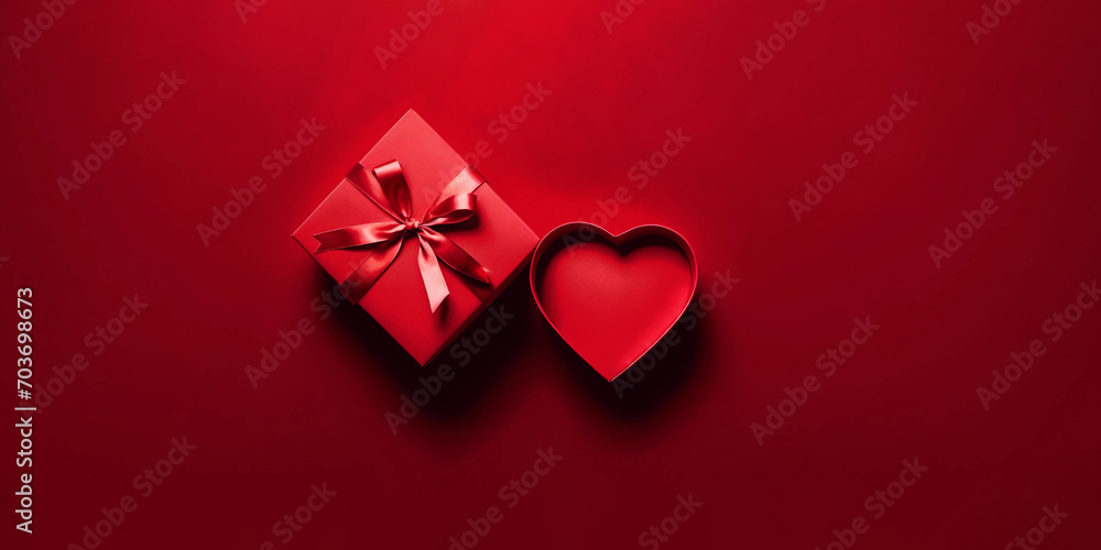 Red gift box with a red satin bow on red background. Generative AI.