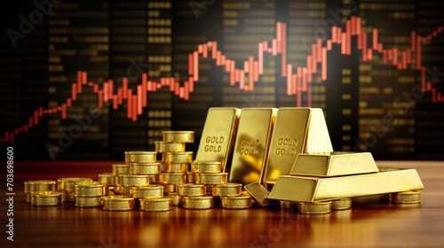 Gold price throughout stock. Gold bars placed on top of stocks and stock charts. Generative AI. photo