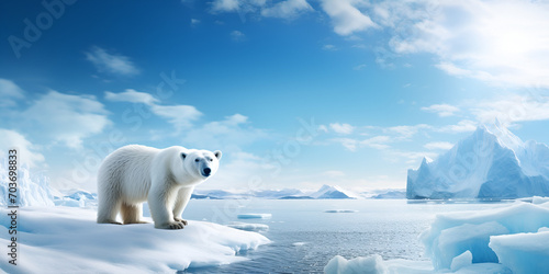 Lonely polar bear standing on an ice floe with blue colors and cool tones. Polar bear walking on ice,Polar Bear in Arctic Winter Glaciers Frozen Sea and Snowstorms,. Big Polar Bear,Generative AI