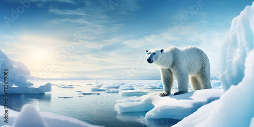 Polar bear above an iceberg in the arctic ocean. Floating icebergs due to climate change and melting glaciers. Greenland, Antarctica. Big Polar Bear on a Glacier Sky: Melting Iceberg,Generative AI