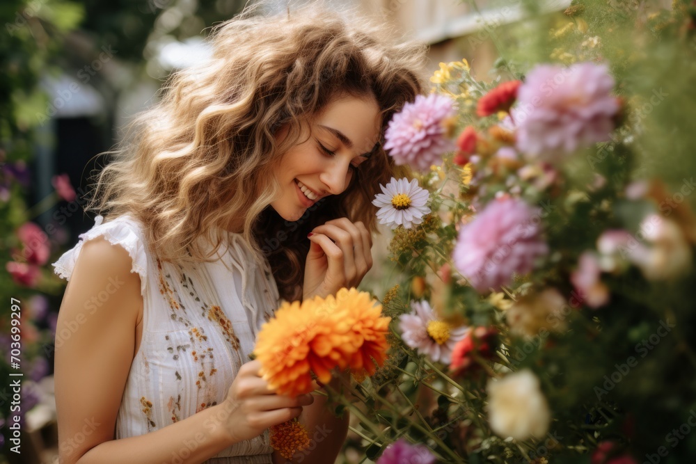 Beautiful young woman with long curly hair and flowers in the garden Beautiful young woman with long curly hair and flowers in the garden