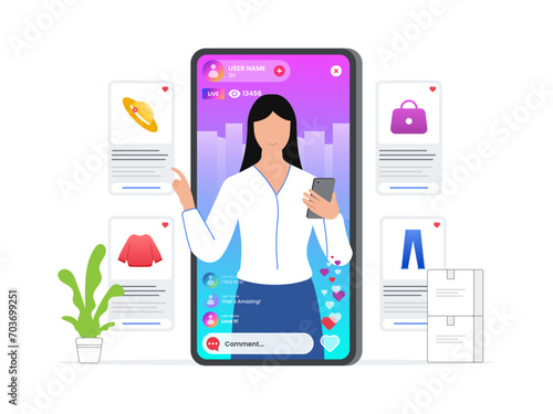 Woman using social commerce to sell product live. Marketing tools for audience attraction. Digital promotion technology. Flat vector illustration