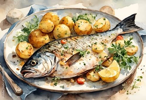 A delicious meal featuring baked fish, along with a variety of vegetables and potatoes