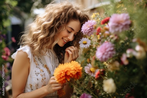 Beautiful young woman with long curly hair and flowers in the garden © Nerea