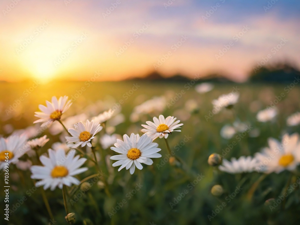 Beautiful daisies in the field at sunset