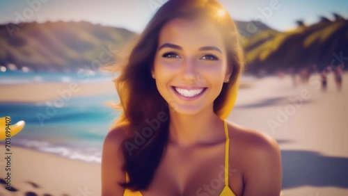 Beautiful woman in bikini smiling happily, summer travel concept generated by AI photo