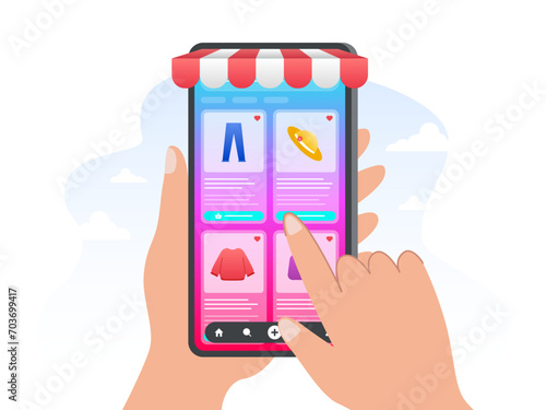 Social media commerce Business concept. Using smartphone to buy product online. Flat Illustration.