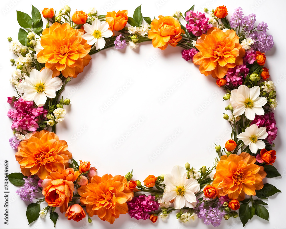 Frame made of beautiful flowers and leaves on white background , top view , Generative AI Frame made of beautiful flowers and leaves on white background , top view , Generative AI