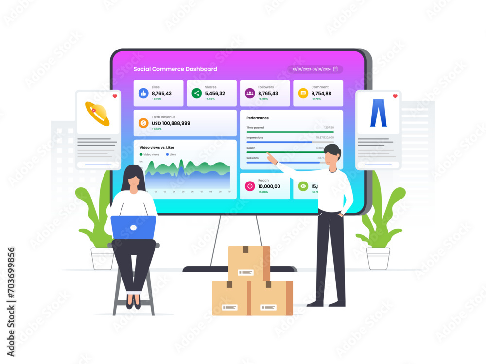 Flat vector illustration of web analytics information dashboard for social commerce website statistic. Man and woman using computer to analyze data on social commerce dashboard. Flat vector illustration of web analytics information dashboard for social commerce website statistic. Man and woman using computer to analyze data on social commerce dashboard.