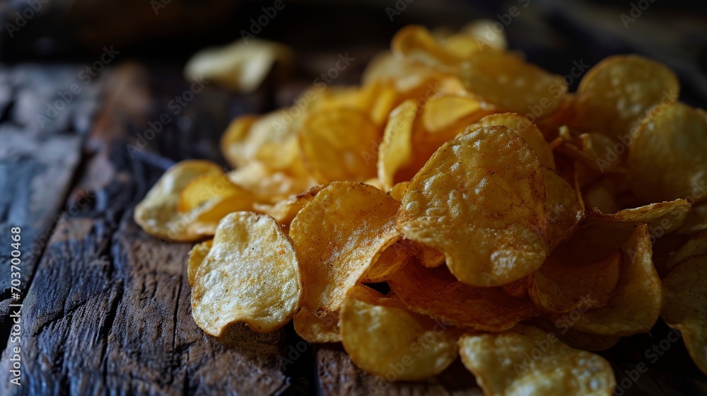 Crispy Golden Potato Chips Scattered on a Rustic Wooden Surface Crispy Golden Potato Chips Scattered on a Rustic Wooden Surface