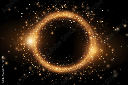 Gold glitter circle of light shine sparkles and golden spark particles in circle frame on black background. Christmas magic stars glow, firework confetti of glittery ring shimmer 