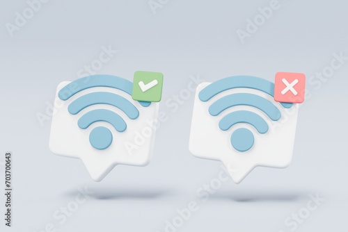 3d wireless or wifi and sharing network bubble icon with checklist correction bubble icon. Hotspot access point for false, problem 3d, fail to connect. 3d wifi connected icon .3d render illustration. photo