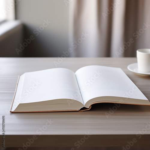 Mockup of an open book with clear white pages on a wooden desk and a coffee cup with blurred living room background. Home Interior ambiance.