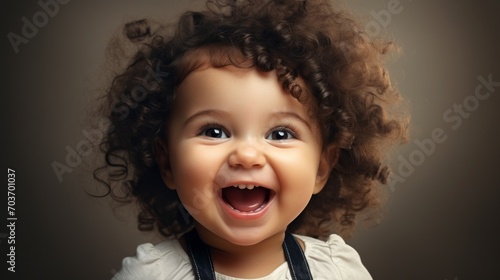 Close-up portrait of a happy smiling cute baby looking at the camera on a gray background.