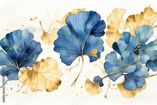 watercolor Art banner with golden and blue ginkgo leaves