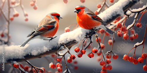 Red bird sitting on a branch covered with snow, A snowy rowan tree branch with red berries and a cardinal morning sunrise rays shining through sun. © Joun