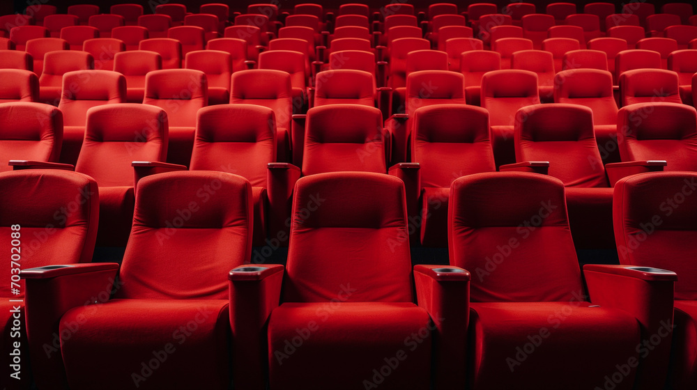 Fototapeta premium Empty red seats cinema rows seats. Movie night concept. Movie theatre experience.