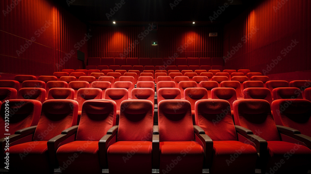 Empty red seats cinema rows seats. Movie night concept. Movie theatre experience.  - obrazy, fototapety, plakaty 