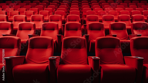 Empty red seats cinema rows seats. Movie night concept. Movie theatre experience. 